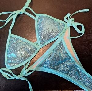 Aqua Sequin Tie-Side Bikini Set